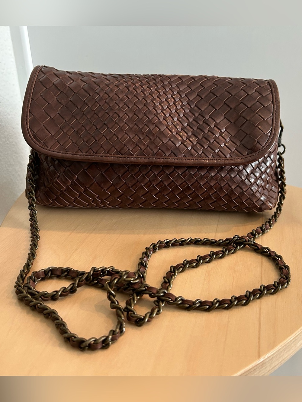 Massimo Dutti Brown Woven Leather Chain Strap Crossbody Bag